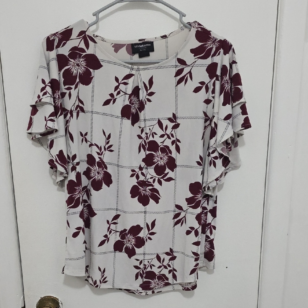 Liz Claiborne Cream Top with Burgundy Floral Print